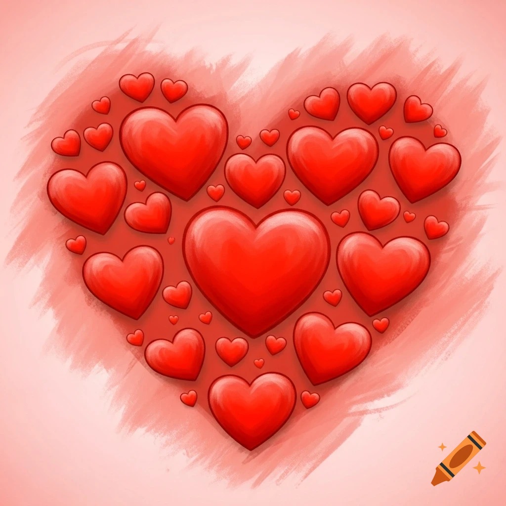 Many glossy red hearts clustered to form a large heart on a textured pink background, in a painted style.