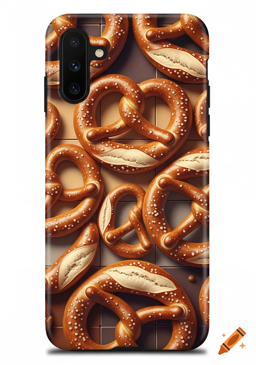 A phone case featuring a repeating pattern of golden-brown, salted pretzels on a tiled background.