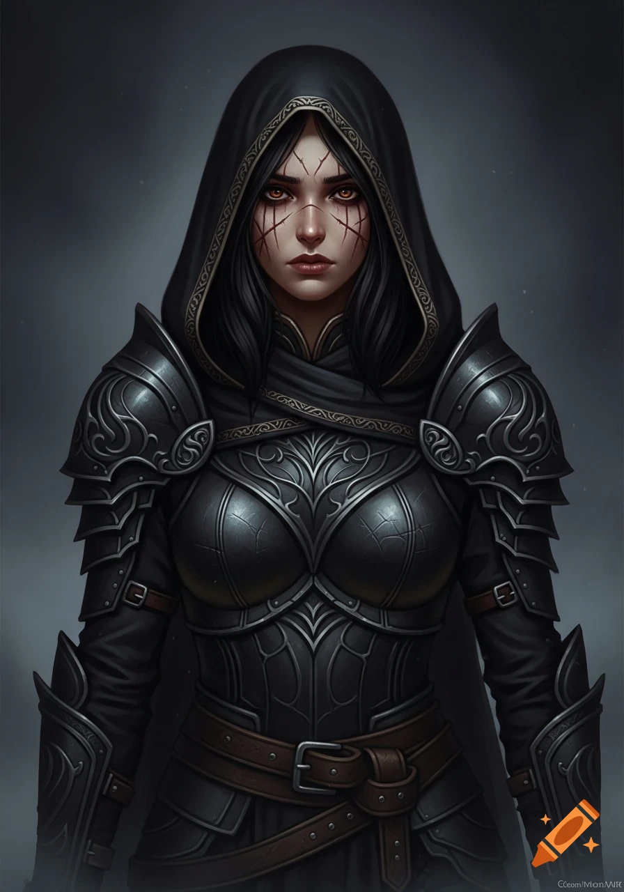 A woman with black hair, dark eyes, and red facial scars wears a black hooded cloak and ornate black leather armor in a fantasy portrait.
