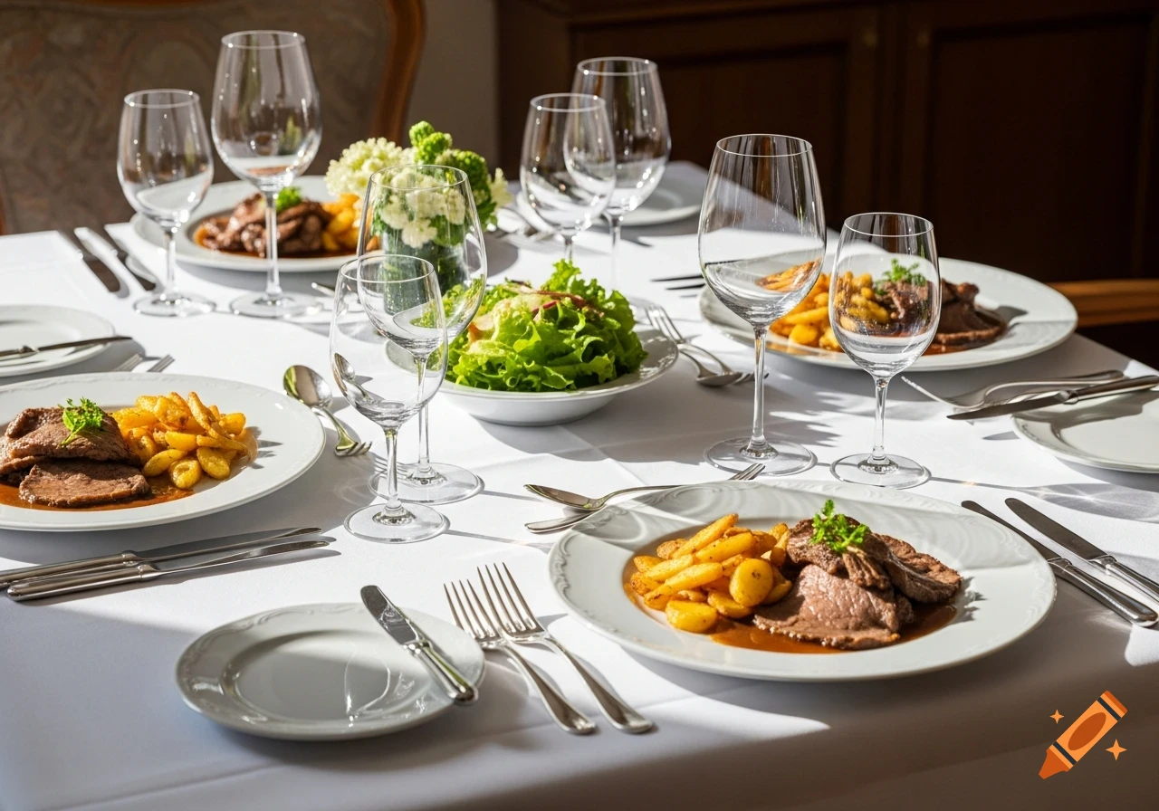 A beautifully set dining table with plates of beef, fried potatoes, and a green salad, with wine glasses and cutlery, under warm natural light.