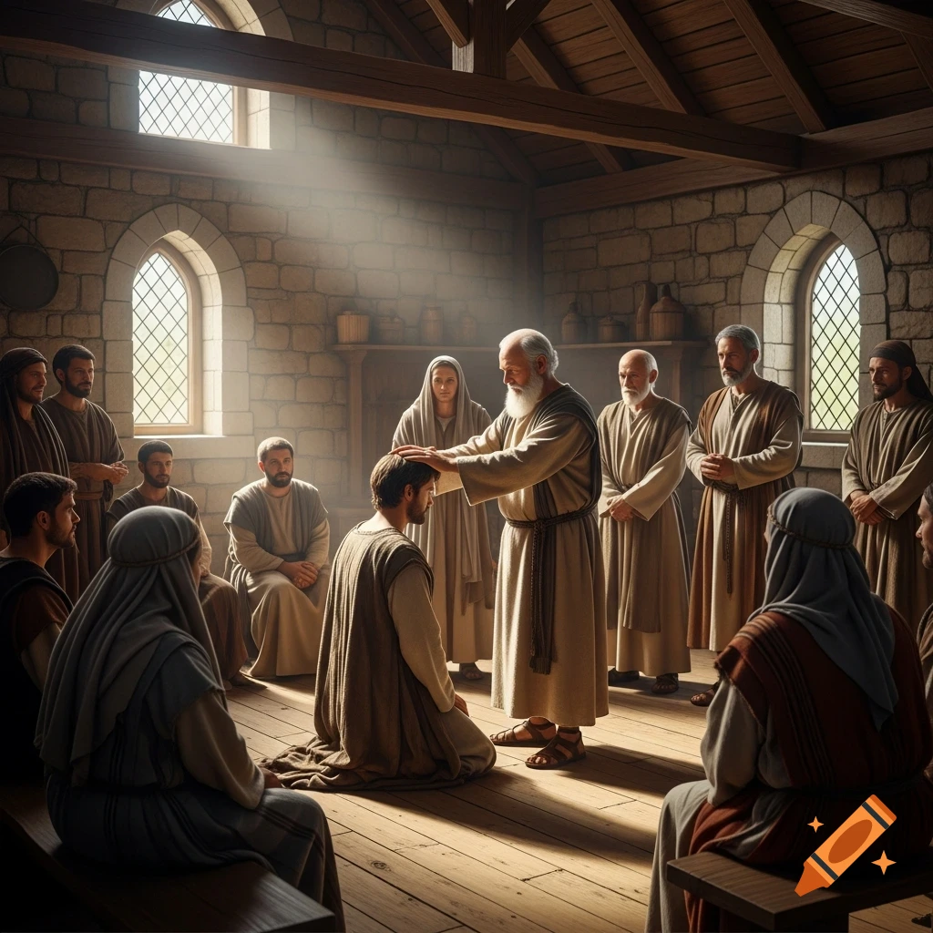 An older man blesses a kneeling younger man by laying hands on his head in a first-century church setting, surrounded by followers.