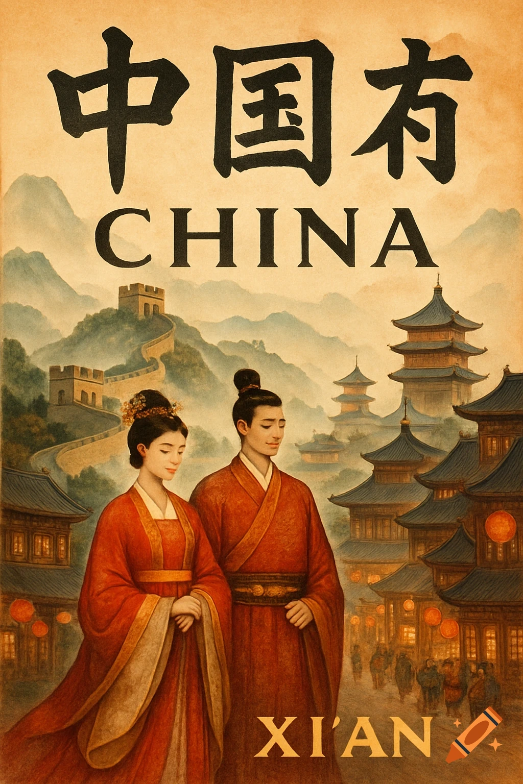 A vintage-style poster depicting a man and woman in traditional Chinese attire, with the Great Wall, mountains, and traditional buildings in the background. Text reads "中国有 CHINA XI'AN".