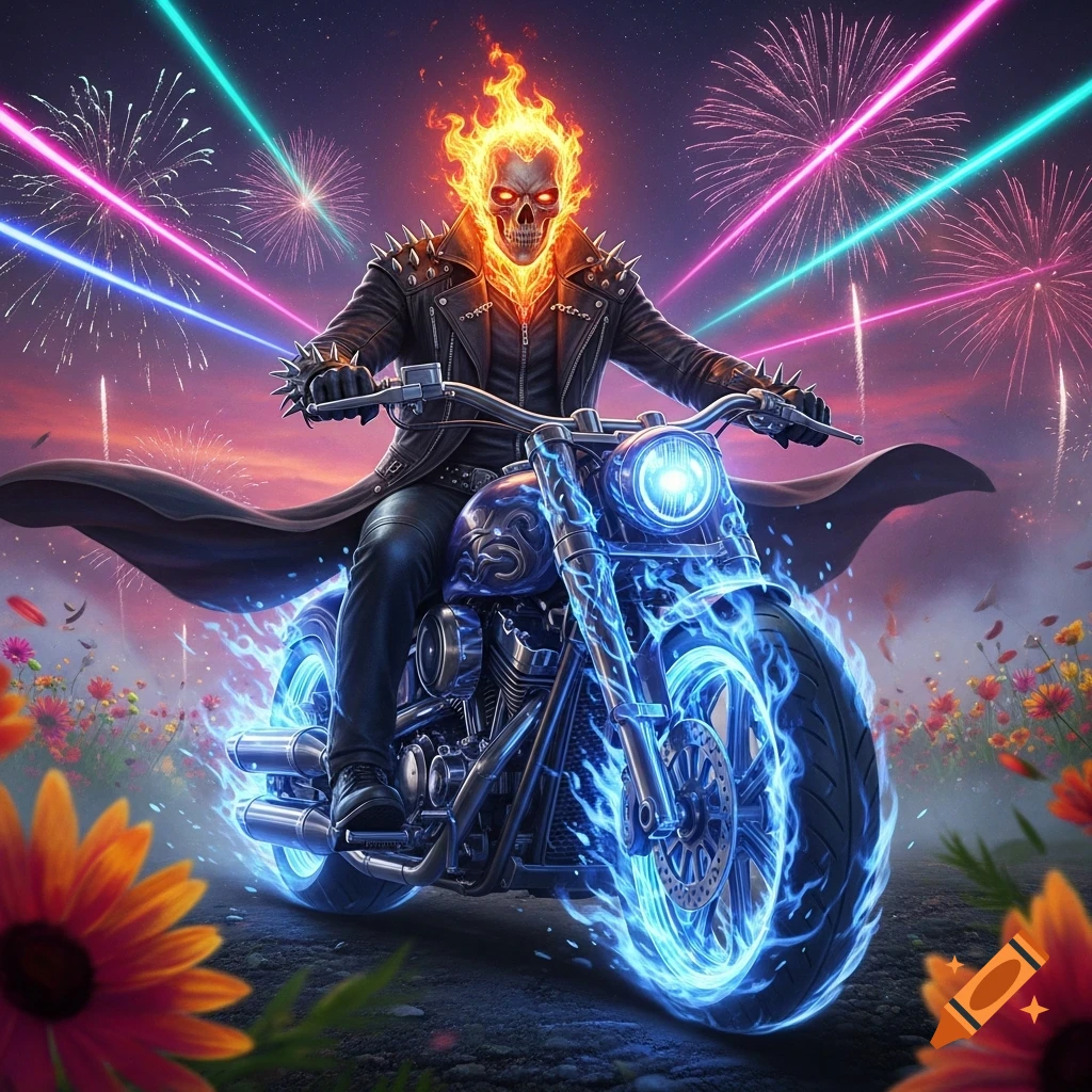 A fiery-skulled Ghost Rider in a leather jacket rides a blue flame-engulfed motorcycle under a night sky with fireworks.