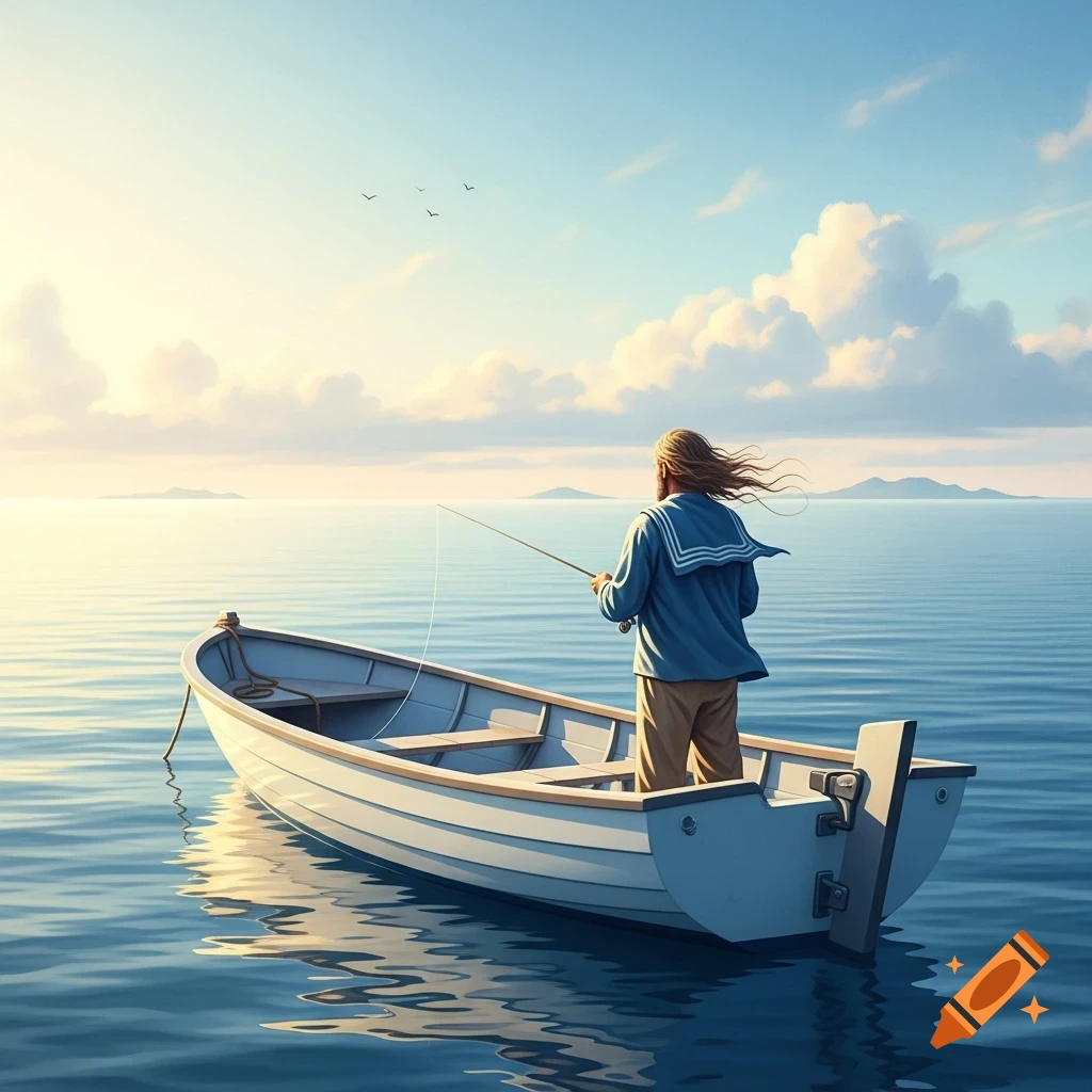 A person with long, wavy hair fishes from a white boat on calm blue water, facing away from the viewer.