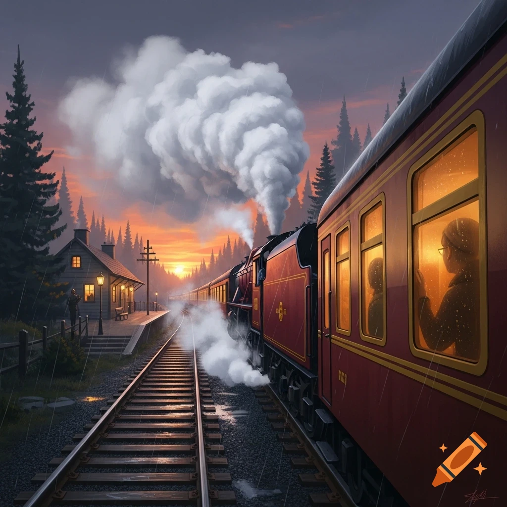 Stylized painting of a red steam train departing a rural station at sunset, with light glowing from the passenger windows.
