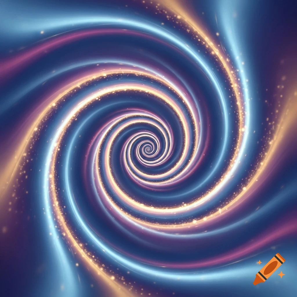 An abstract glowing spiral with streams of blue, purple, and gold light on a dark background.