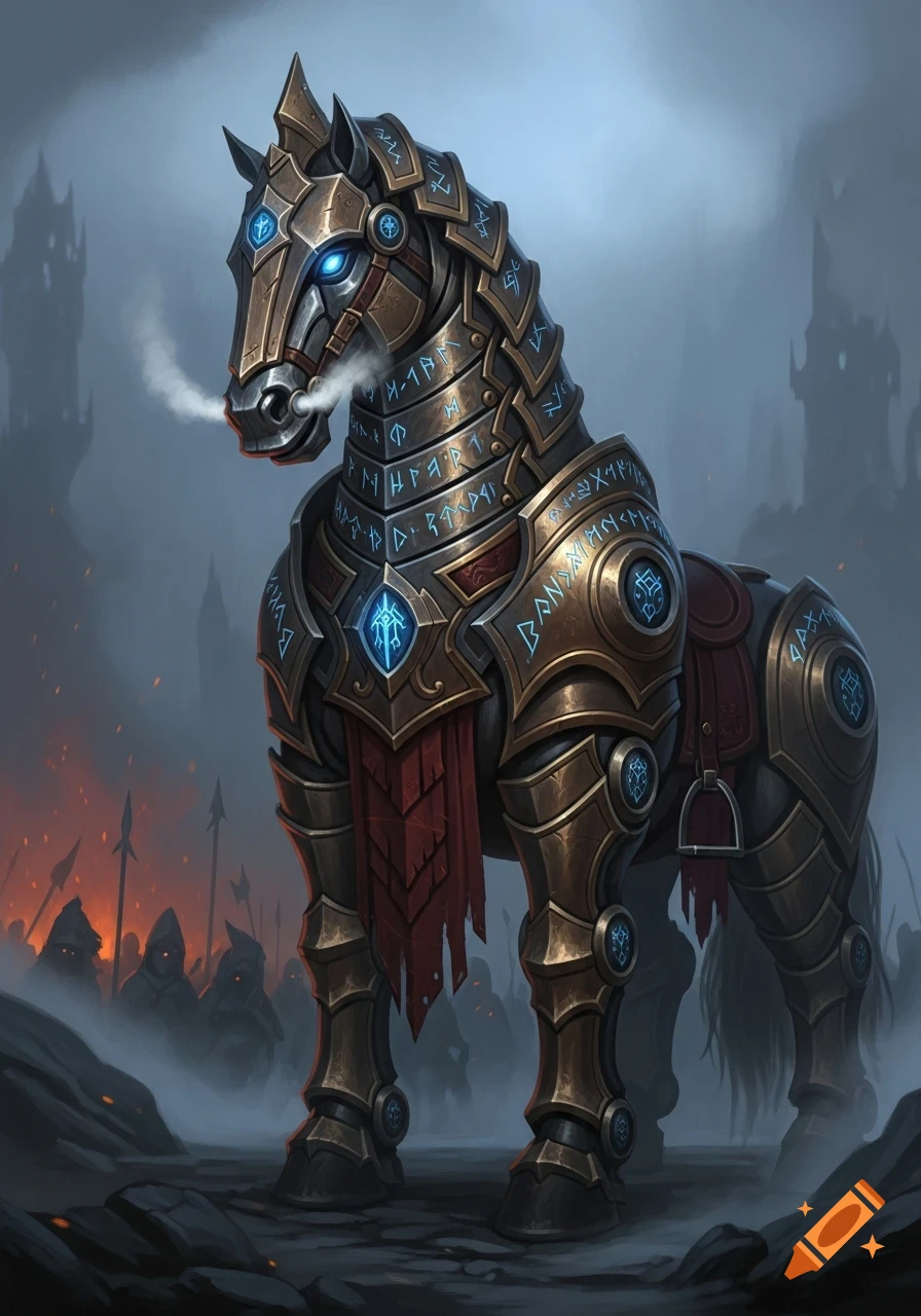 A detailed robotic horse, adorned with ornate dwarven-style bronze armor and glowing blue eyes, exhales smoke in a misty fantasy landscape with a distant castle and an army.