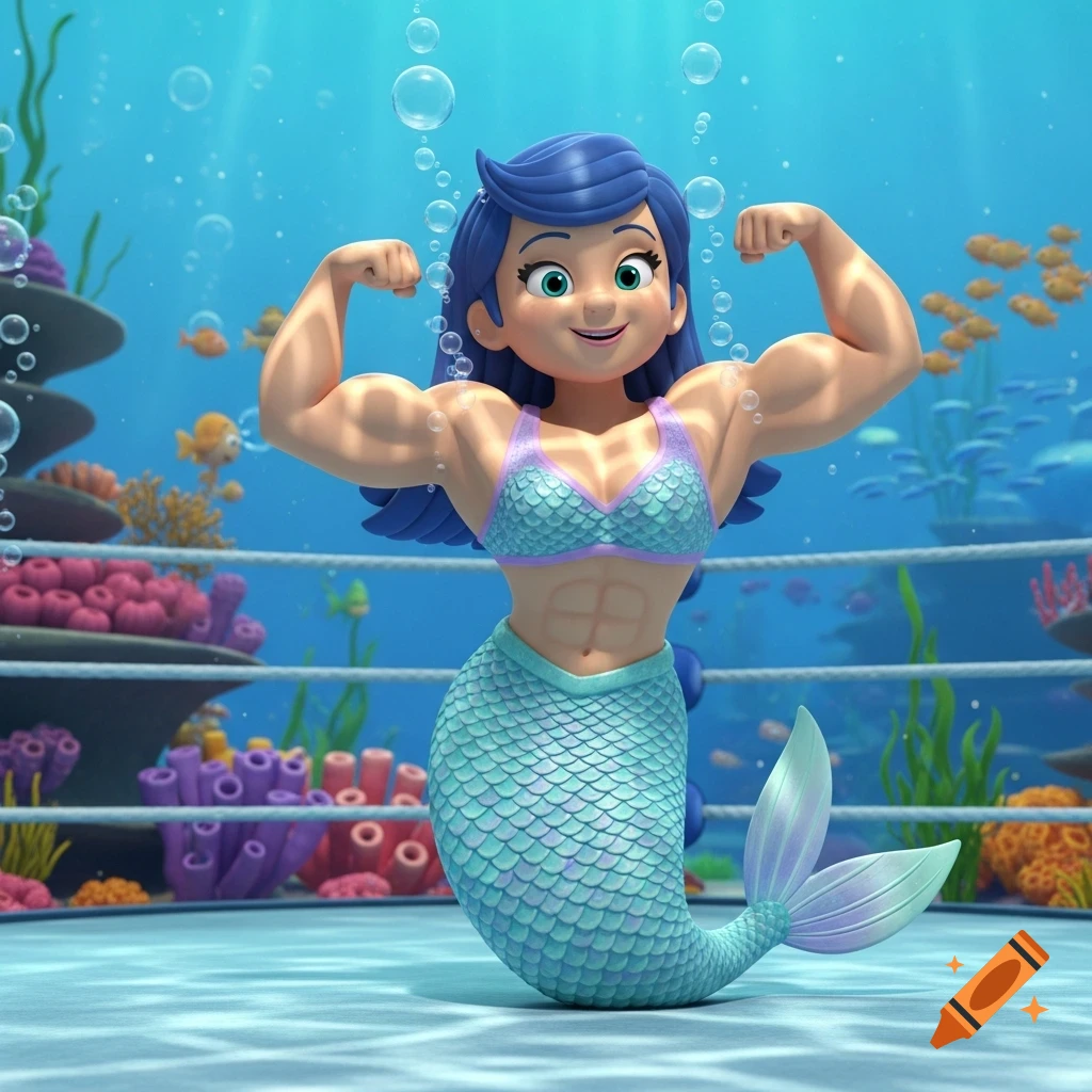 A muscular 3D cartoon mermaid wrestler with blue hair and a scale tail flexes her biceps in an underwater boxing ring.