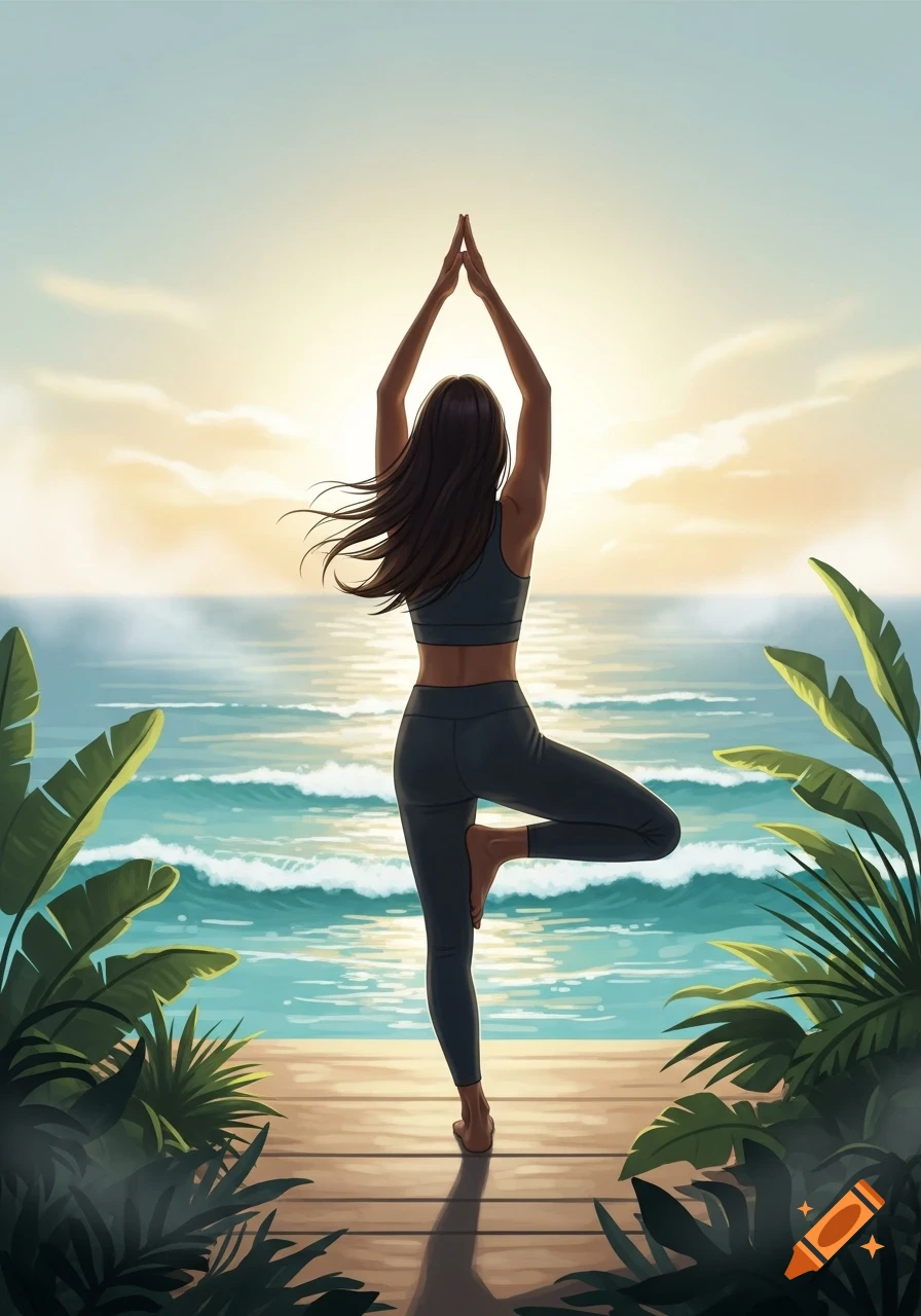 Illustrative depiction of a woman in a yoga pose on a wooden deck overlooking the ocean at sunset, surrounded by tropical plants.
