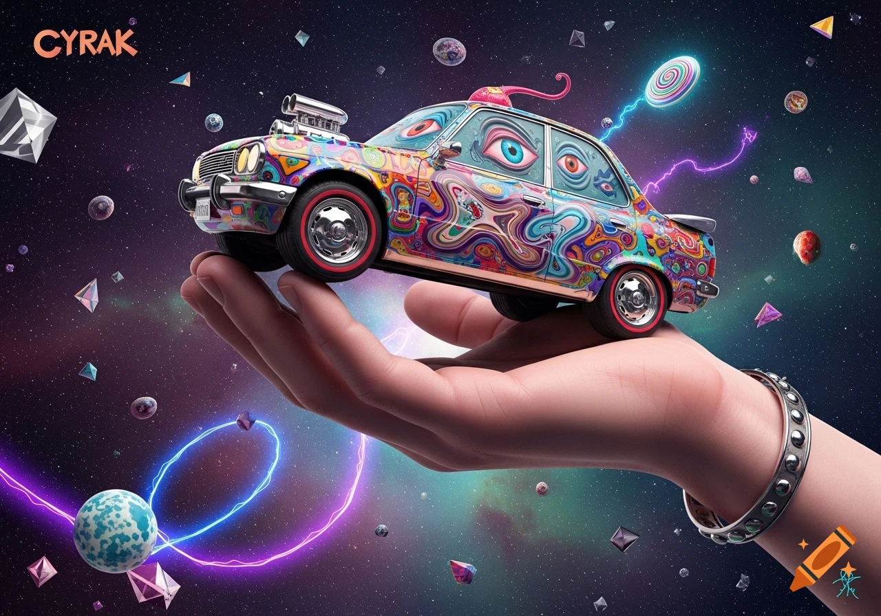 A hand holds a colorful, psychedelic car with eyes, floating in a vibrant space scene with planets and neon lights.
