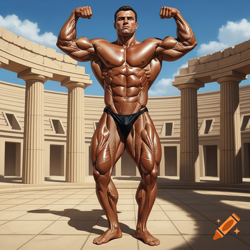 A very muscular male bodybuilder flexing his biceps outdoors in front of ancient Greek-style columns under a blue sky.