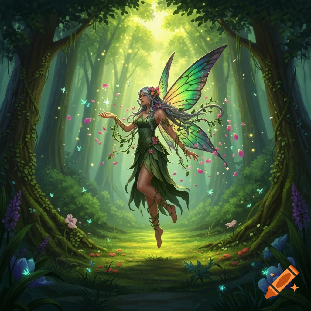 A magical fairy with vibrant, colorful wings and a leaf dress floats in an enchanted forest, surrounded by glowing particles and falling pink petals.