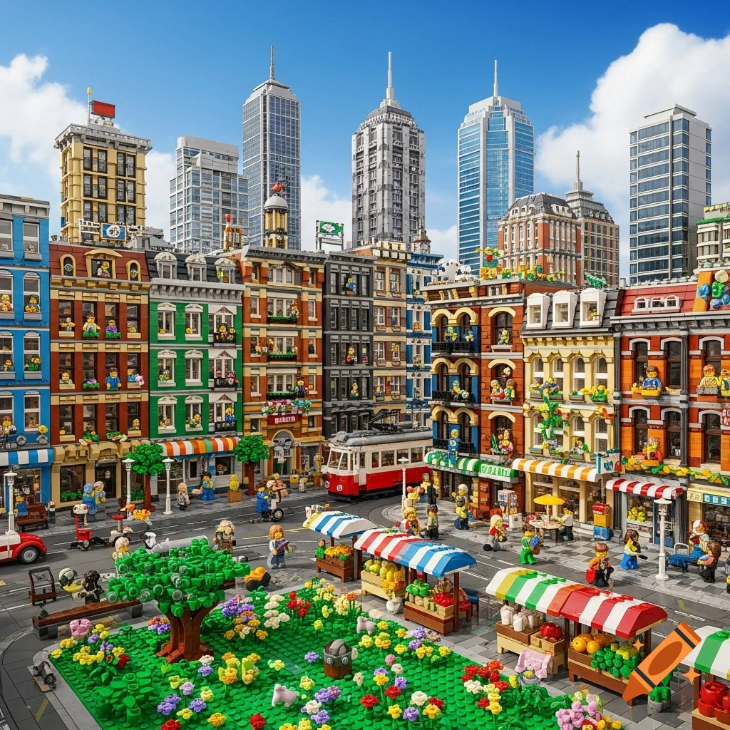 A vibrant, detailed Lego city scene features colorful buildings, a bustling street with market stalls and a tram, and a green park.
