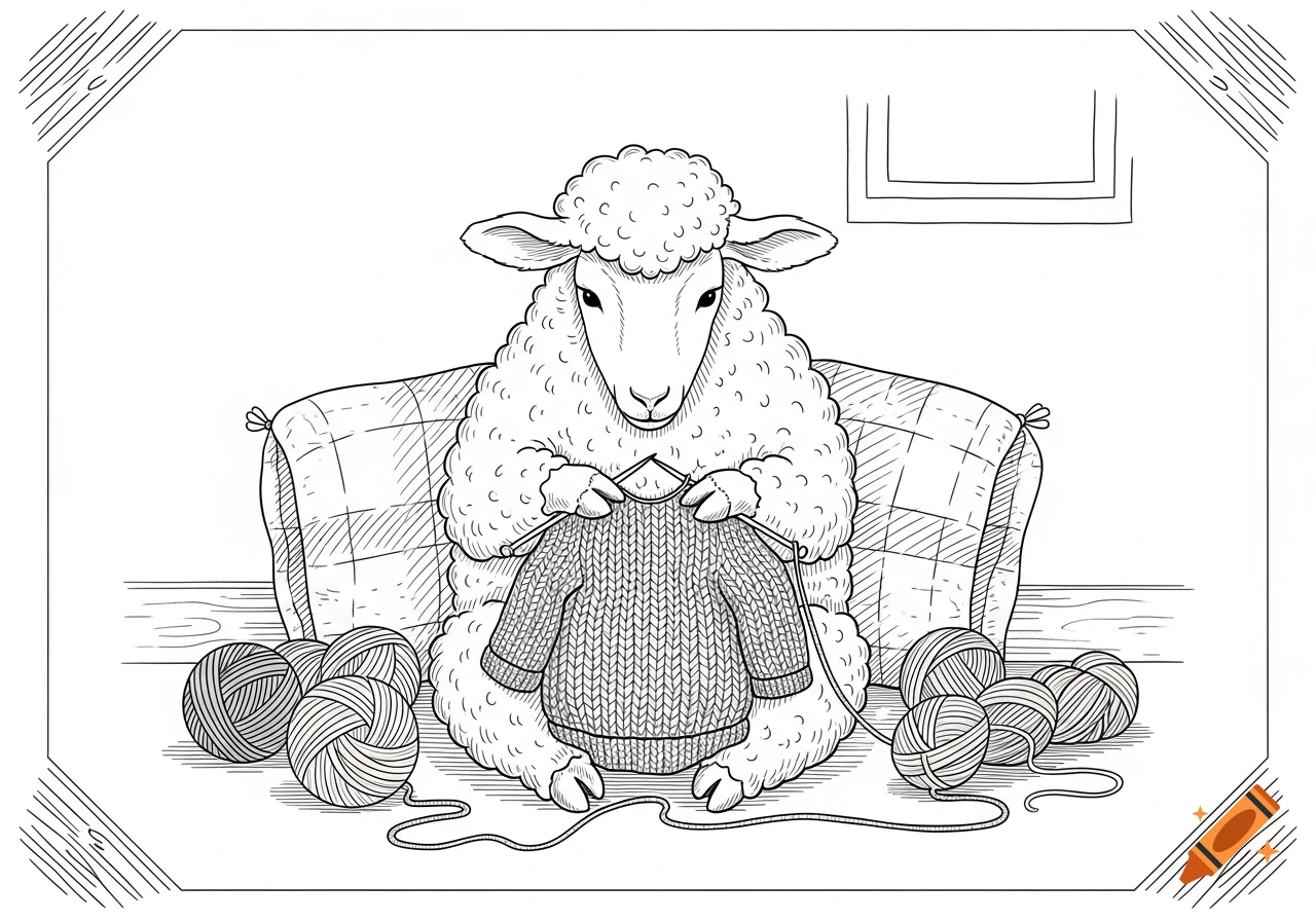 A sheep is knitting a sweater while sitting on a cushion, surrounded by balls of yarn in a line art style.