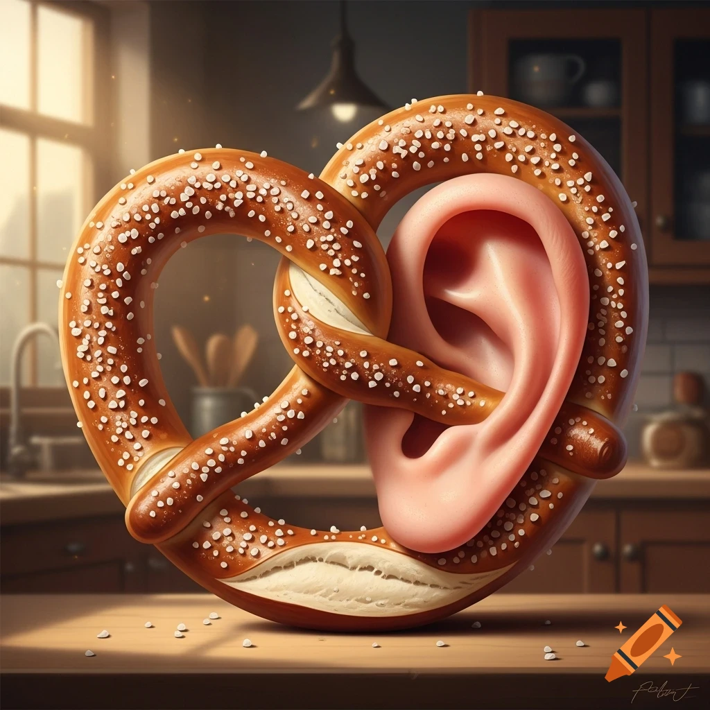 A photorealistic pretzel intertwined with a human ear, sitting on a wooden counter in a kitchen.
