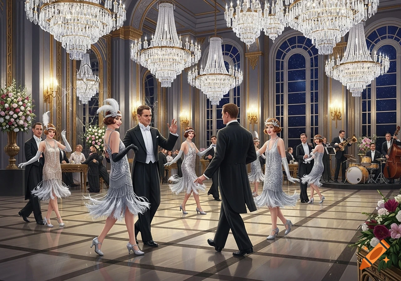 Elegant 1920s party in a grand ballroom with people dancing and large chandeliers.