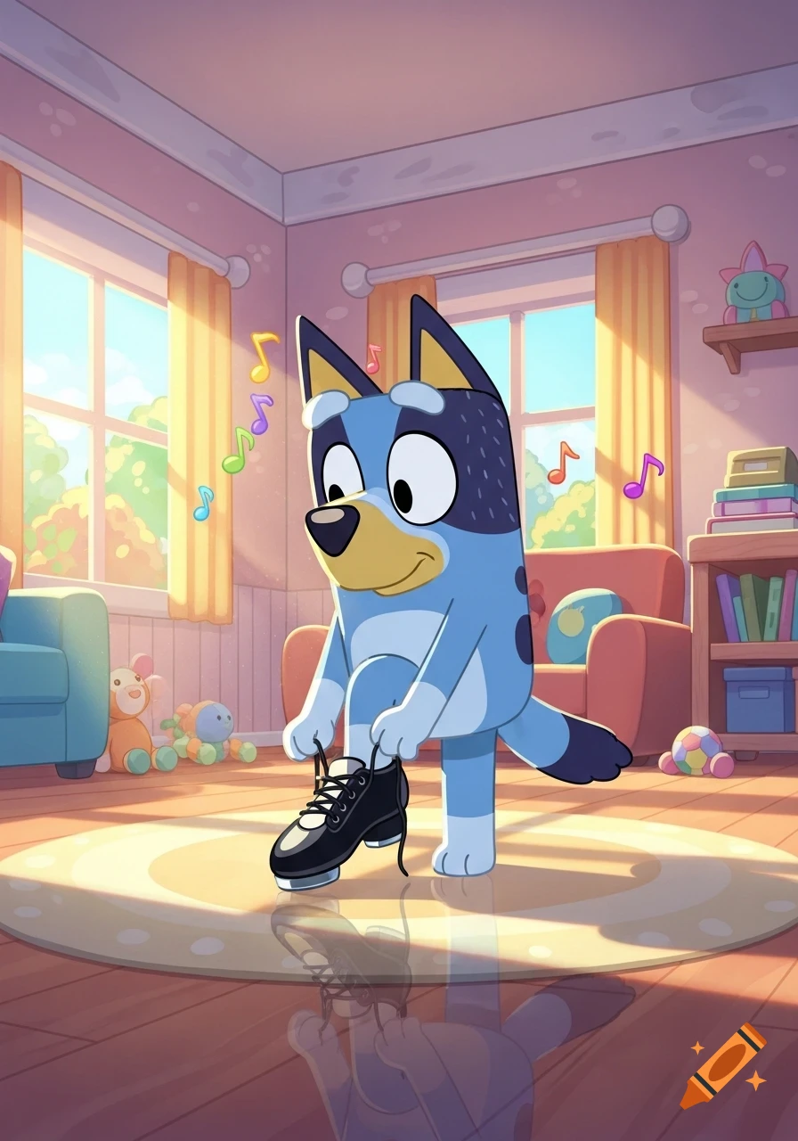 A cartoon blue dog, Bluey, ties black ice skates in a sunny living room, with musical notes floating around.