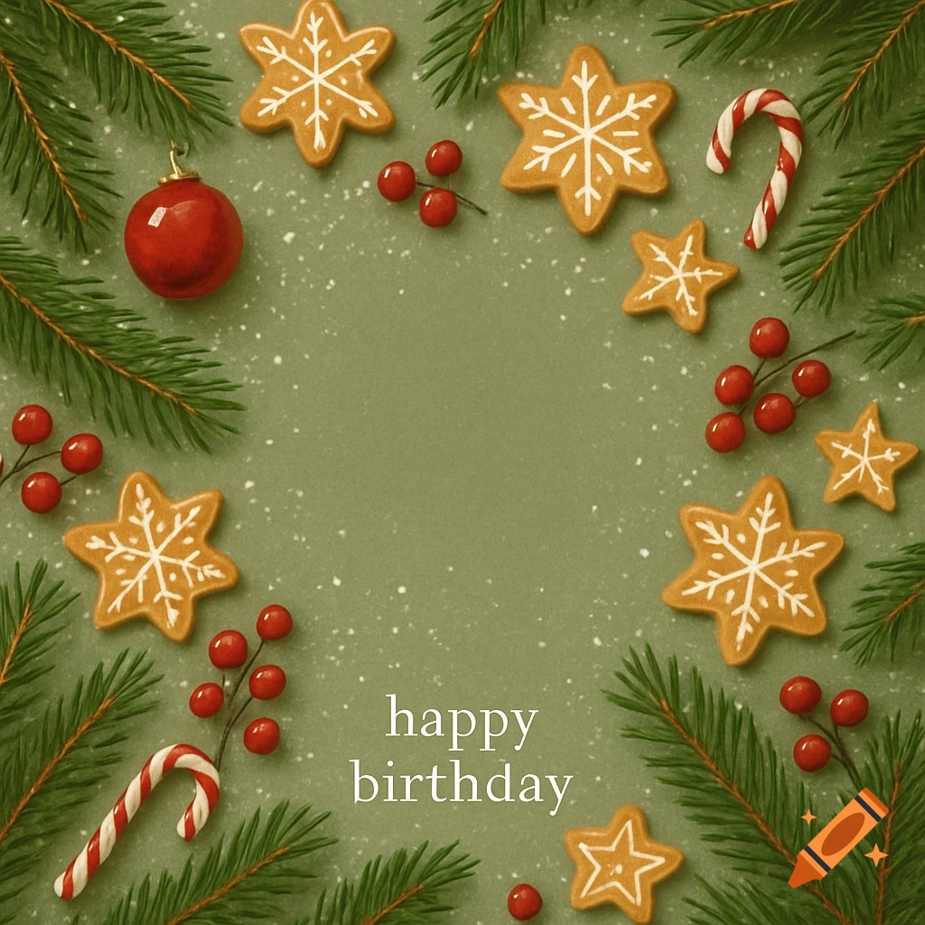 Top-down view of Christmas decorations including pine branches, gingerbread cookies, candy canes, and berries on a green background with 'happy birthday' text.