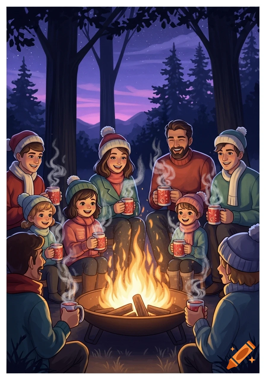 An illustration of a diverse family and friends group gathered around a warm campfire in a forest at night, drinking from mugs.