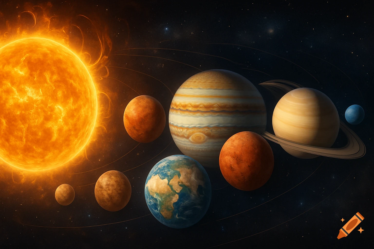 The sun shines brightly on the left, with planets like Earth, Jupiter, and Saturn orbiting in space.