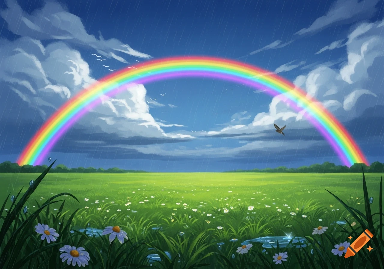 A vibrant rainbow arches over a lush green field dotted with white flowers under a rainy blue sky with a bird flying.