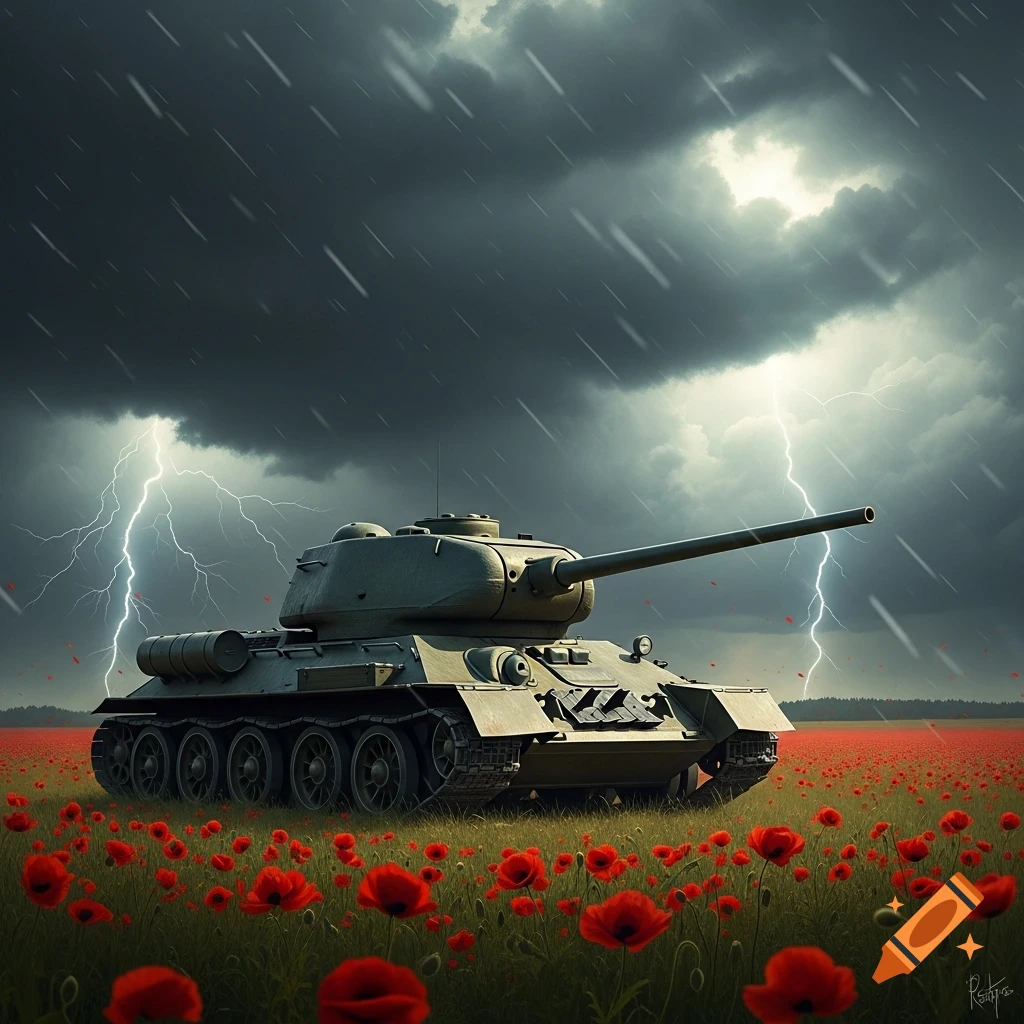 Photorealistic WWII tank in a red poppy field under a dark, stormy sky with lightning.