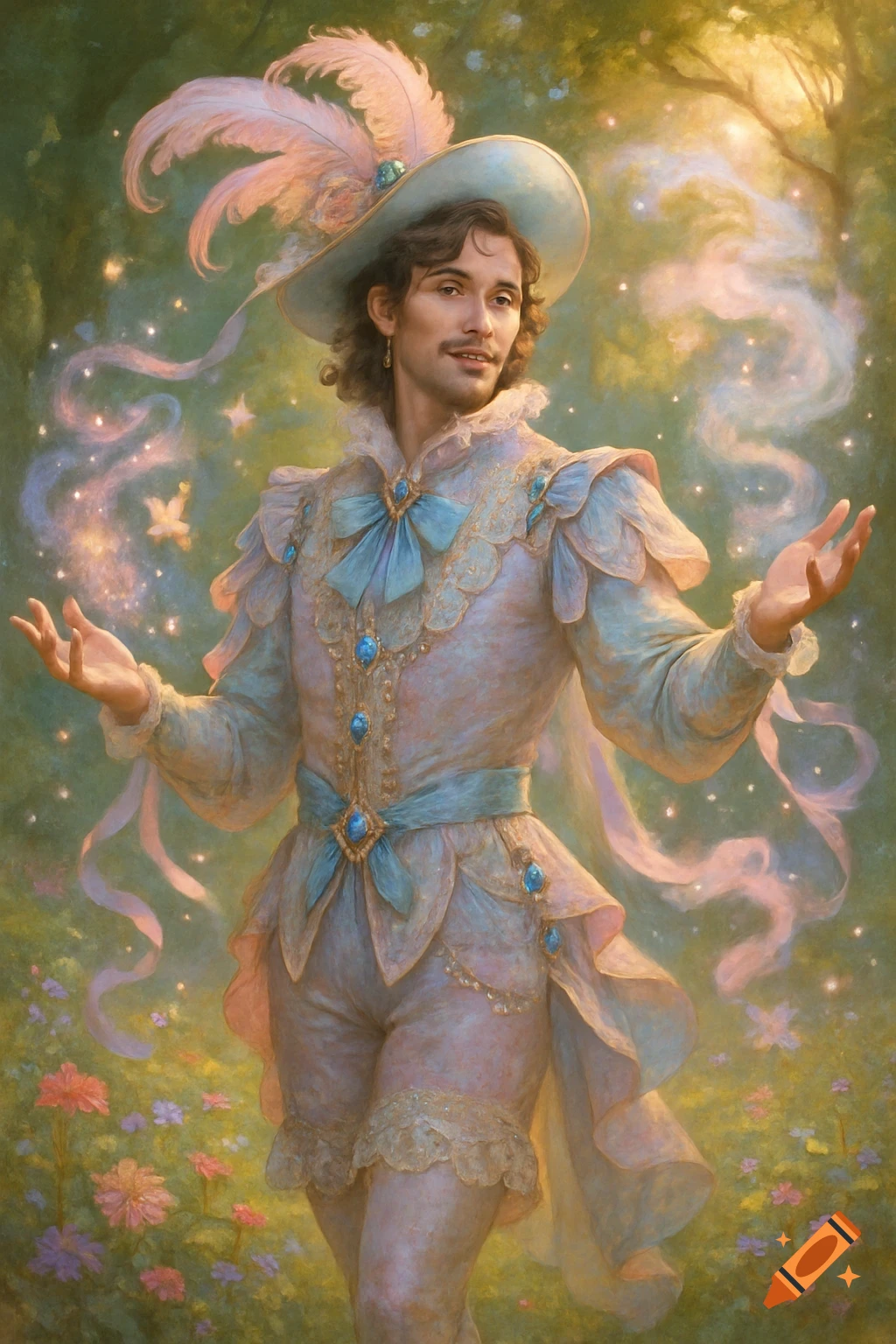 A man in an ornate pastel blue and pink fantasy outfit, with feathered hat, jewels, and bows, surrounded by magic in an enchanted garden.