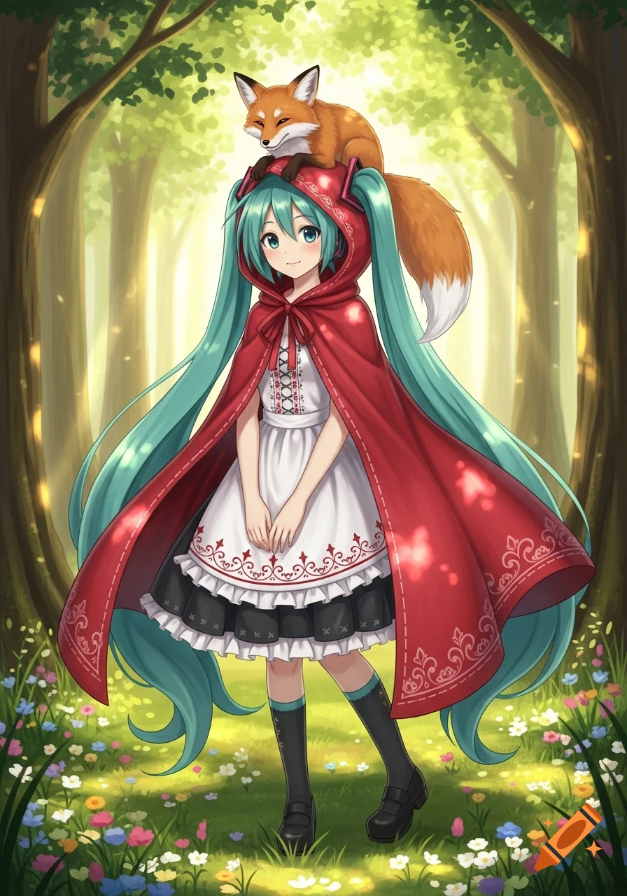 Anime girl in Little Red Riding Hood outfit with long teal pigtails and a red cloak, standing in a sunlit forest with a fox on her head.