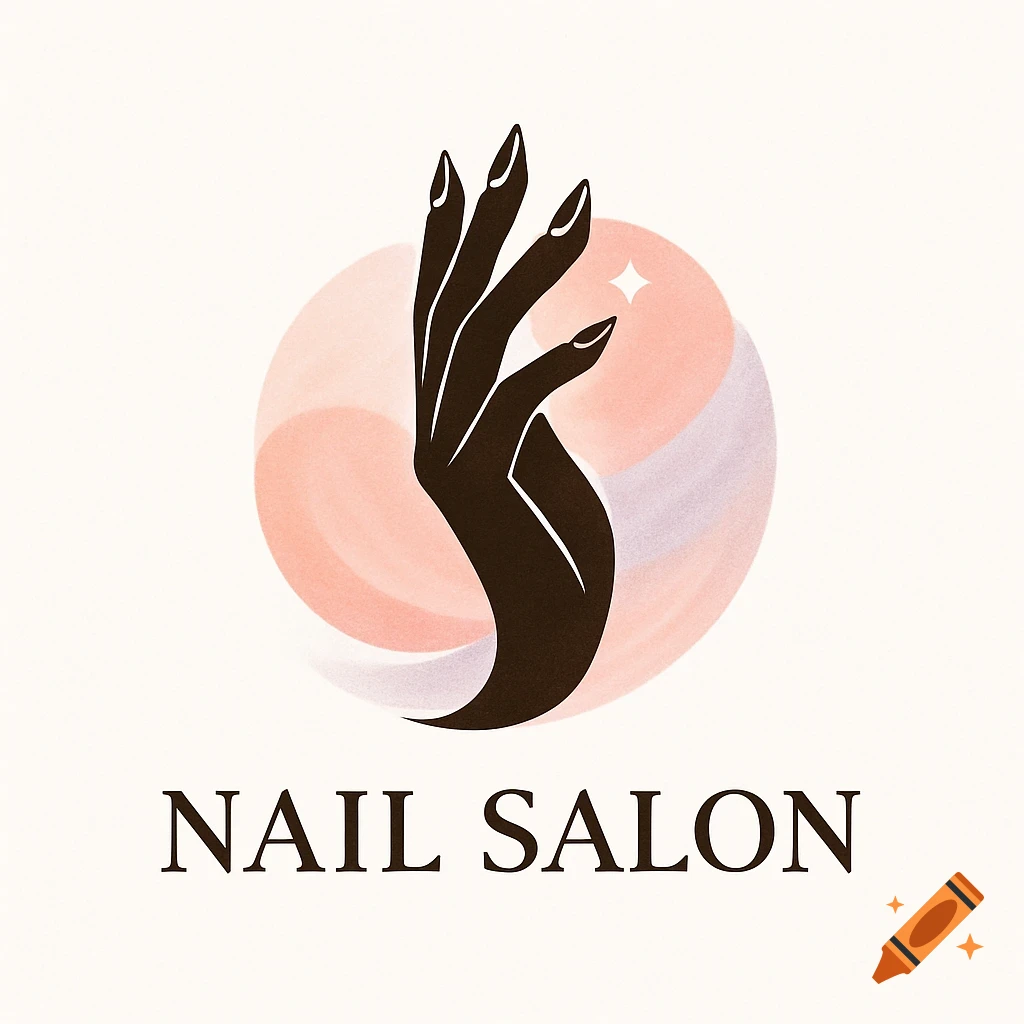 A stylized nail salon logo featuring a dark silhouette of a hand with long nails against a soft pink and purple circular background with a star accent.