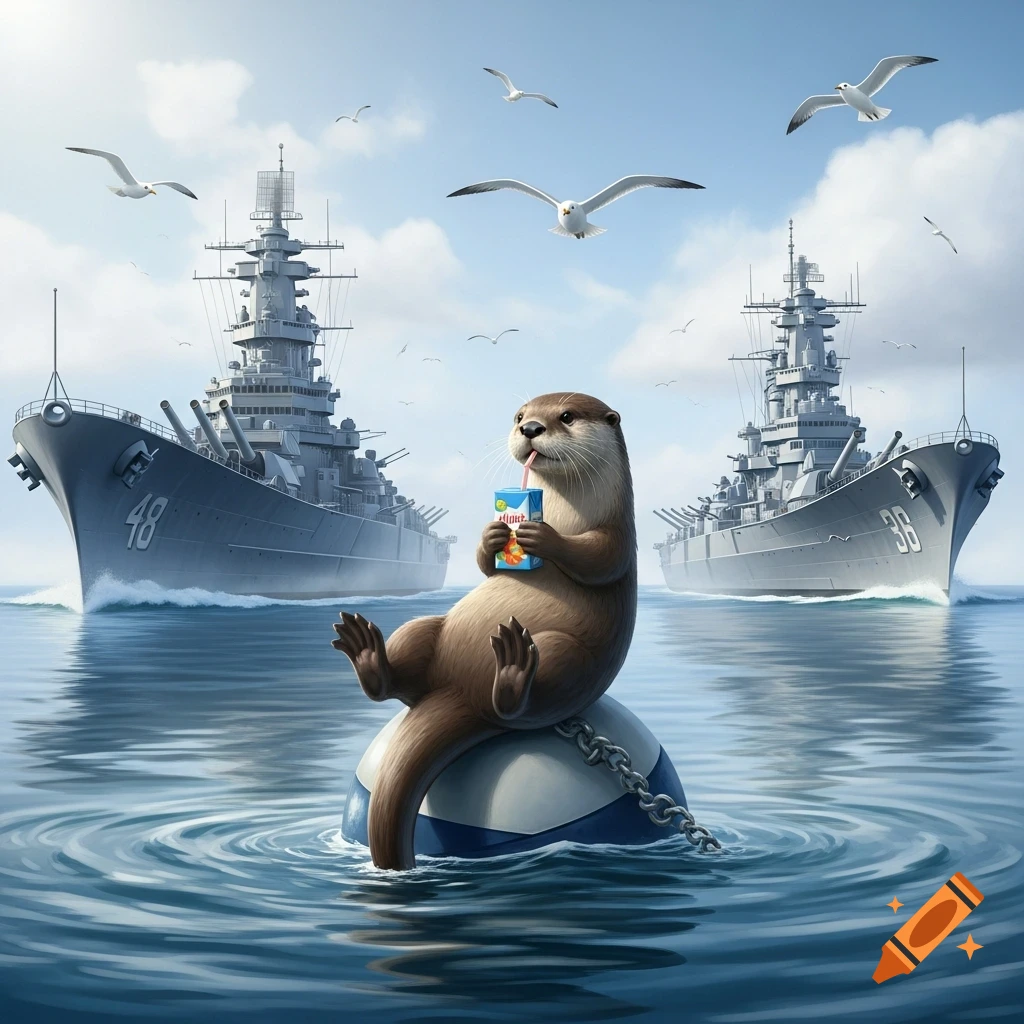 A whimsical otter sits on a buoy between two warships, drinking juice from a box, under a blue sky with seagulls.