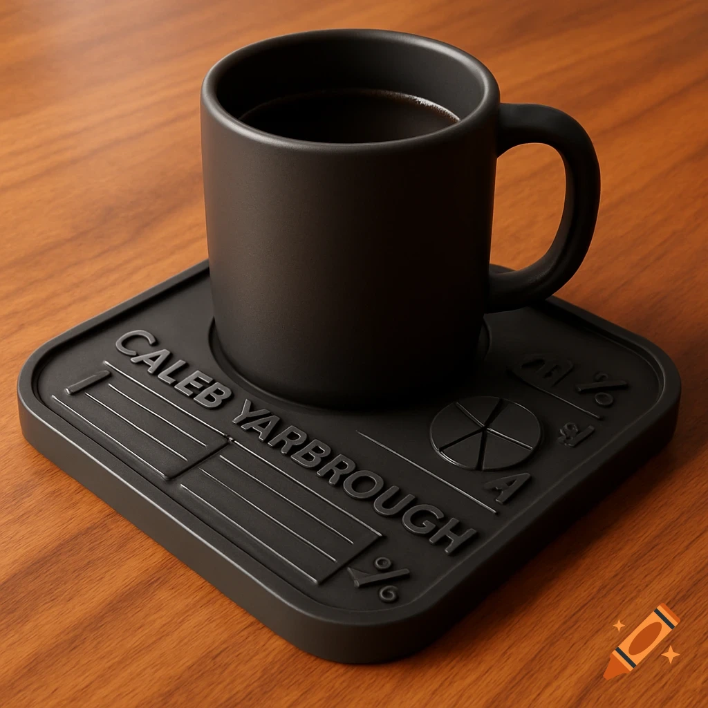A black coffee mug sits on a personalized black coaster with raised text "CALEB YARBROUGH" on a wooden table.