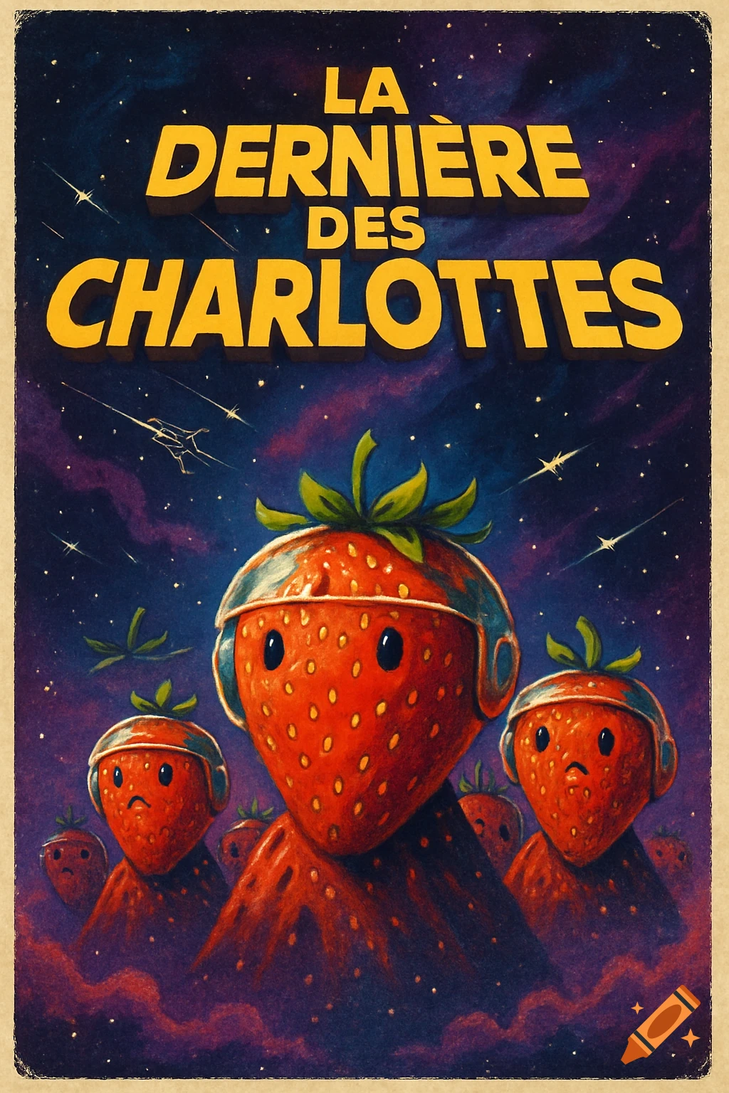 Vintage sci-fi poster with a large anthropomorphic strawberry in a helmet in space, surrounded by smaller strawberries. Title: LA DERNIÈRE DES CHARLOTTES.