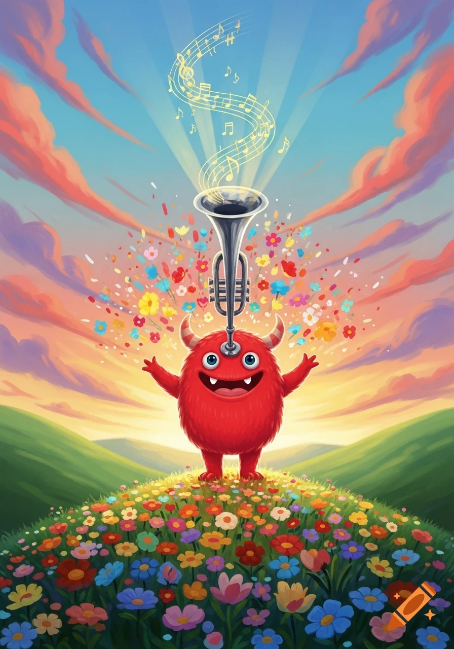 A cheerful red monster with a trumpet on its head stands in a field of colorful flowers, with musical notes rising into a sunset sky.