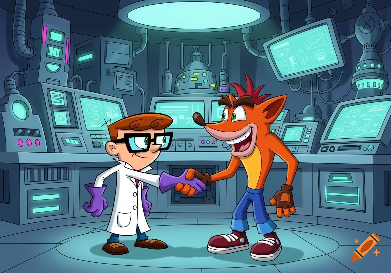 Cartoon characters Dexter and Crash Bandicoot shake hands in a futuristic science laboratory, in a friendly collaboration pose.