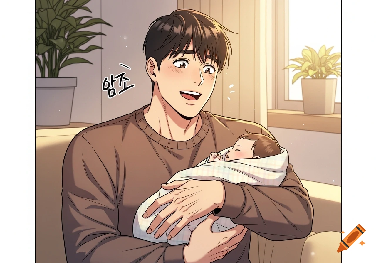 A smiling man with brown hair, in Korean manhwa style, gently holds a sleeping, swaddled baby.