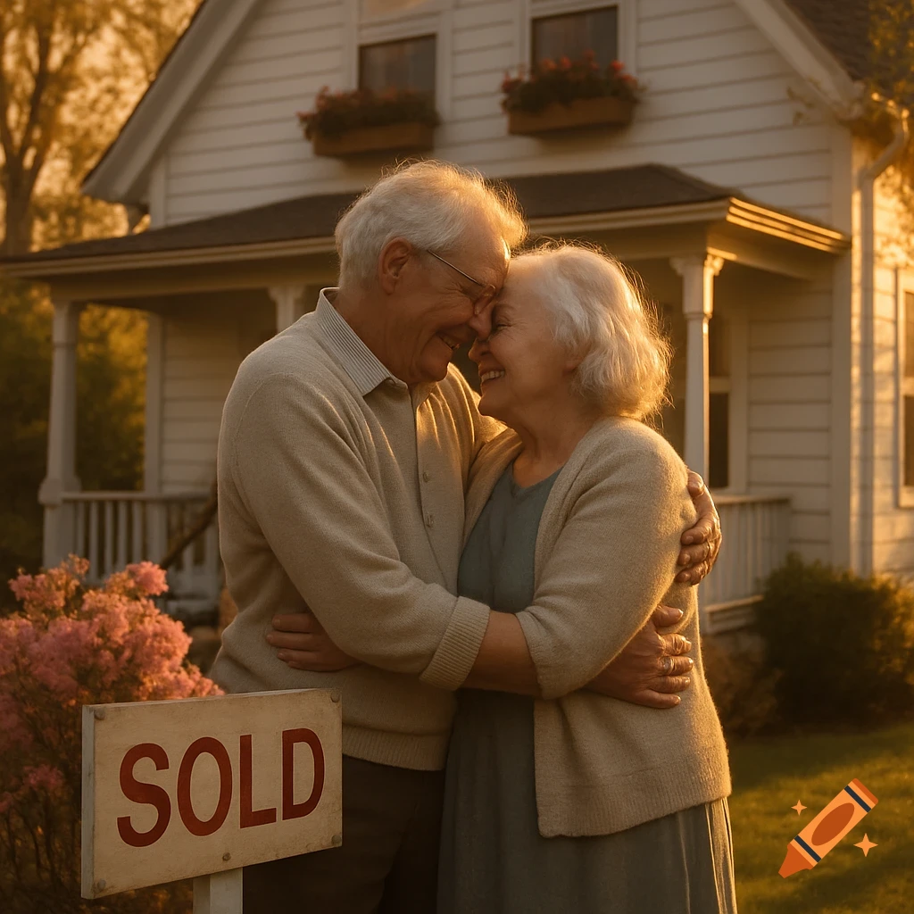 Photorealistic image of a happy elderly couple hugging in front of their newly sold home with a 'SOLD' sign.