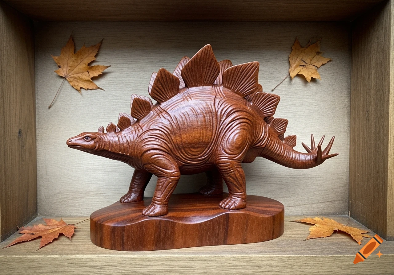 A intricately carved wooden stegosaurus figurine stands on a wooden shelf, adorned with dry maple leaves.