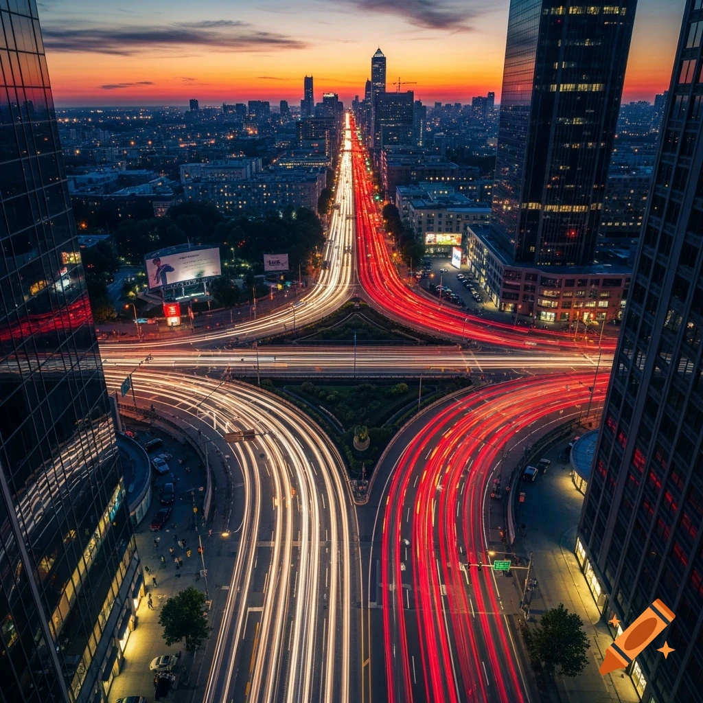 Aerial view of a city intersection at dusk, featuring long exposure light trails from red and white traffic, surrounded by tall buildings.