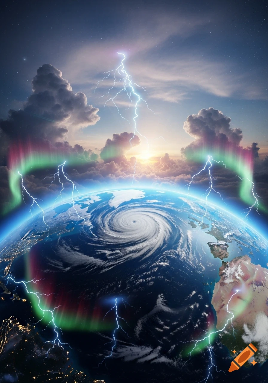 Photorealistic depiction of Earth from space with a hurricane, lightning, and aurora borealis, illuminated by a sunset.