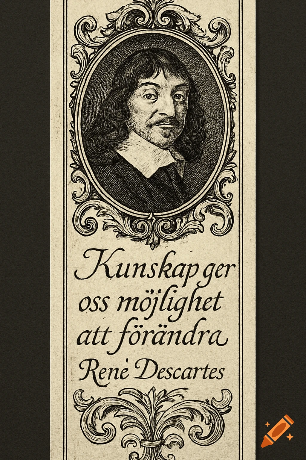 An engraved portrait of René Descartes in an ornate oval frame above his quote "Kunskap ger oss möjlighet att förändra" on a vintage bookmark.