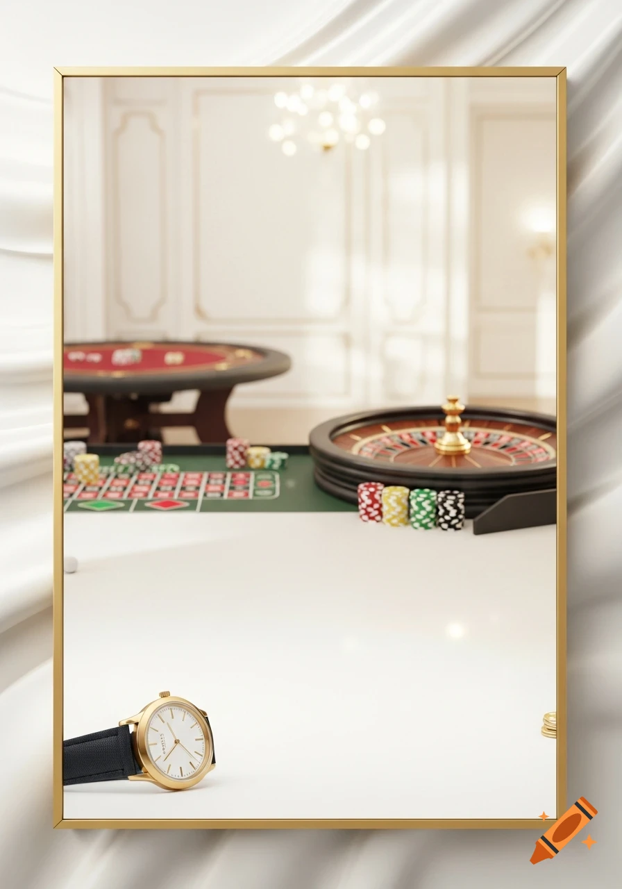 Photorealistic image of a luxury casino scene with a gold watch in the foreground and a blurred roulette wheel and poker table in the background.