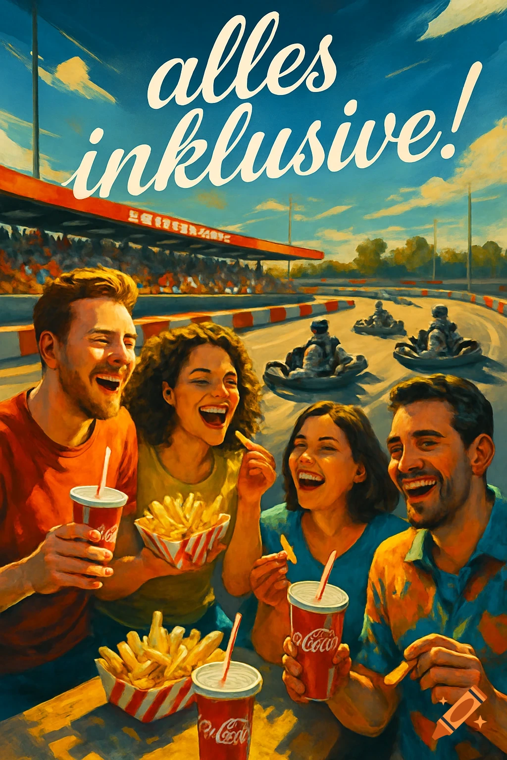 A vibrant, painterly scene of four smiling adults eating fries and drinking sodas at an outdoor go-kart track with racers on the circuit and text "alles inklusive!" in the sky.