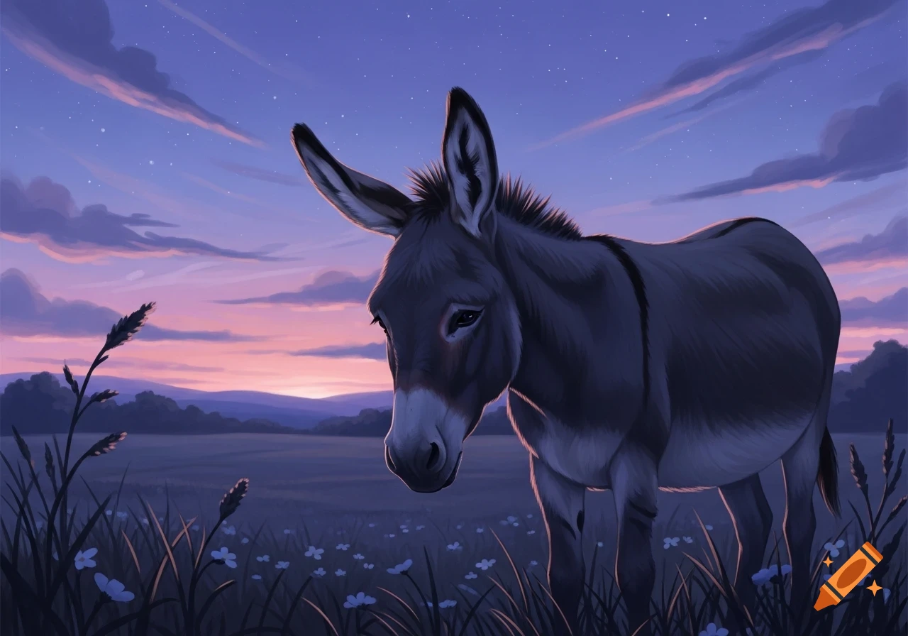 A grey donkey with a sad expression stands in a flower field against a purple and pink twilight sky, painted.