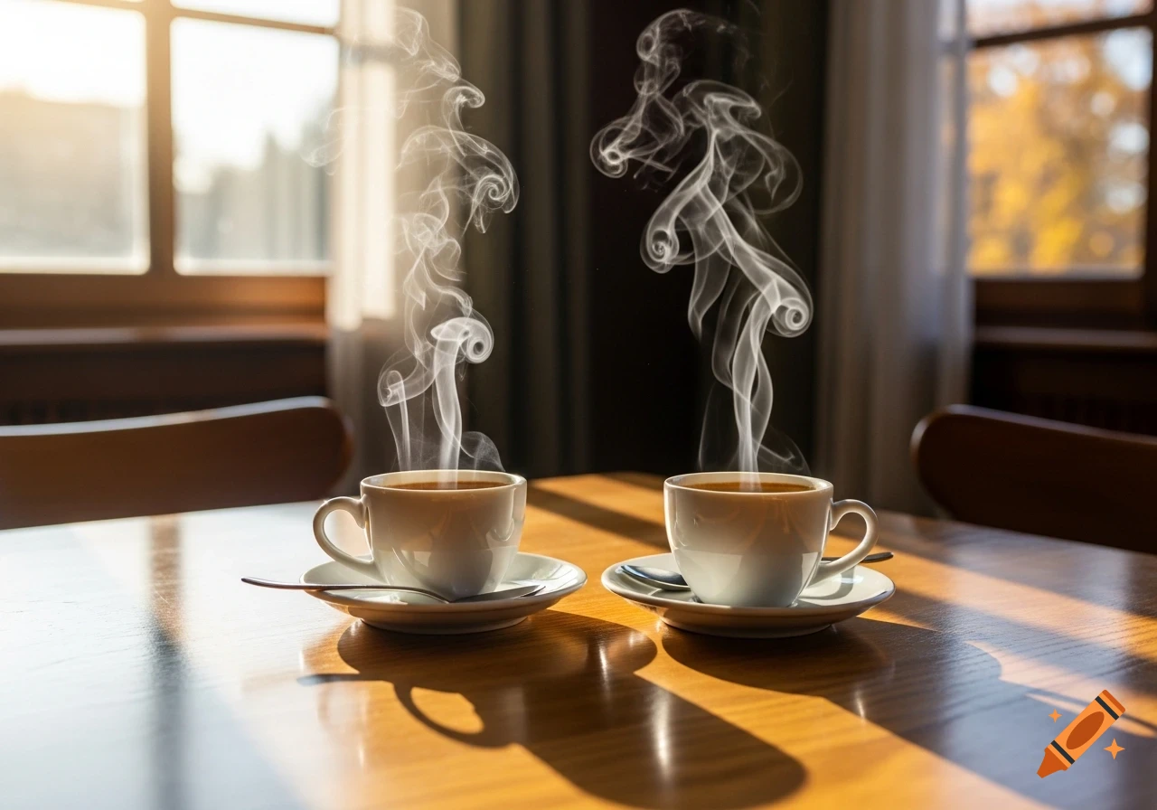 Two steaming white coffee cups on a sunlit wooden table with chairs and windows in the background.