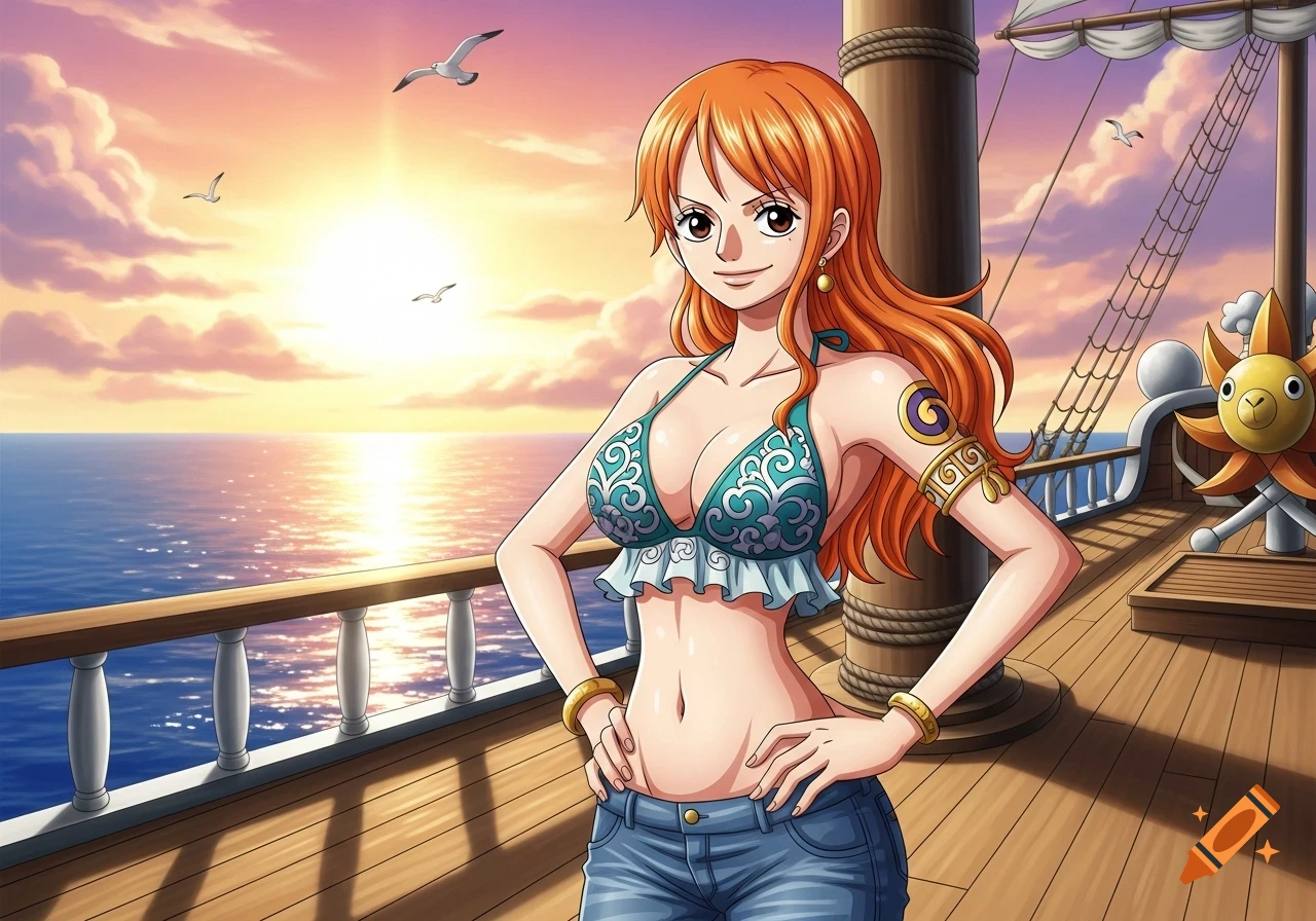 Anime character Nami from One Piece stands on a ship deck against a sunset ocean background.