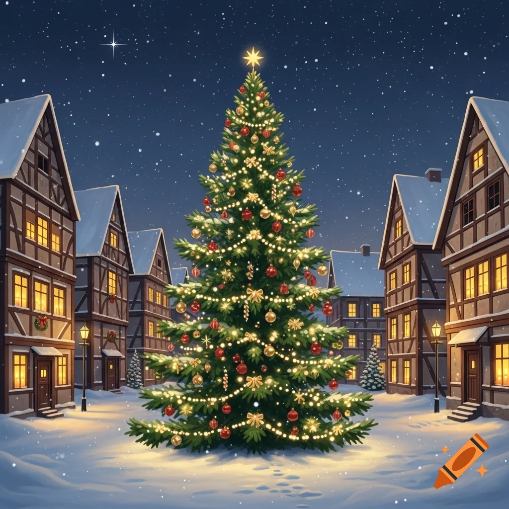 A vibrant Christmas tree adorned with lights and ornaments stands in a snow-covered village square at night, surrounded by quaint houses.