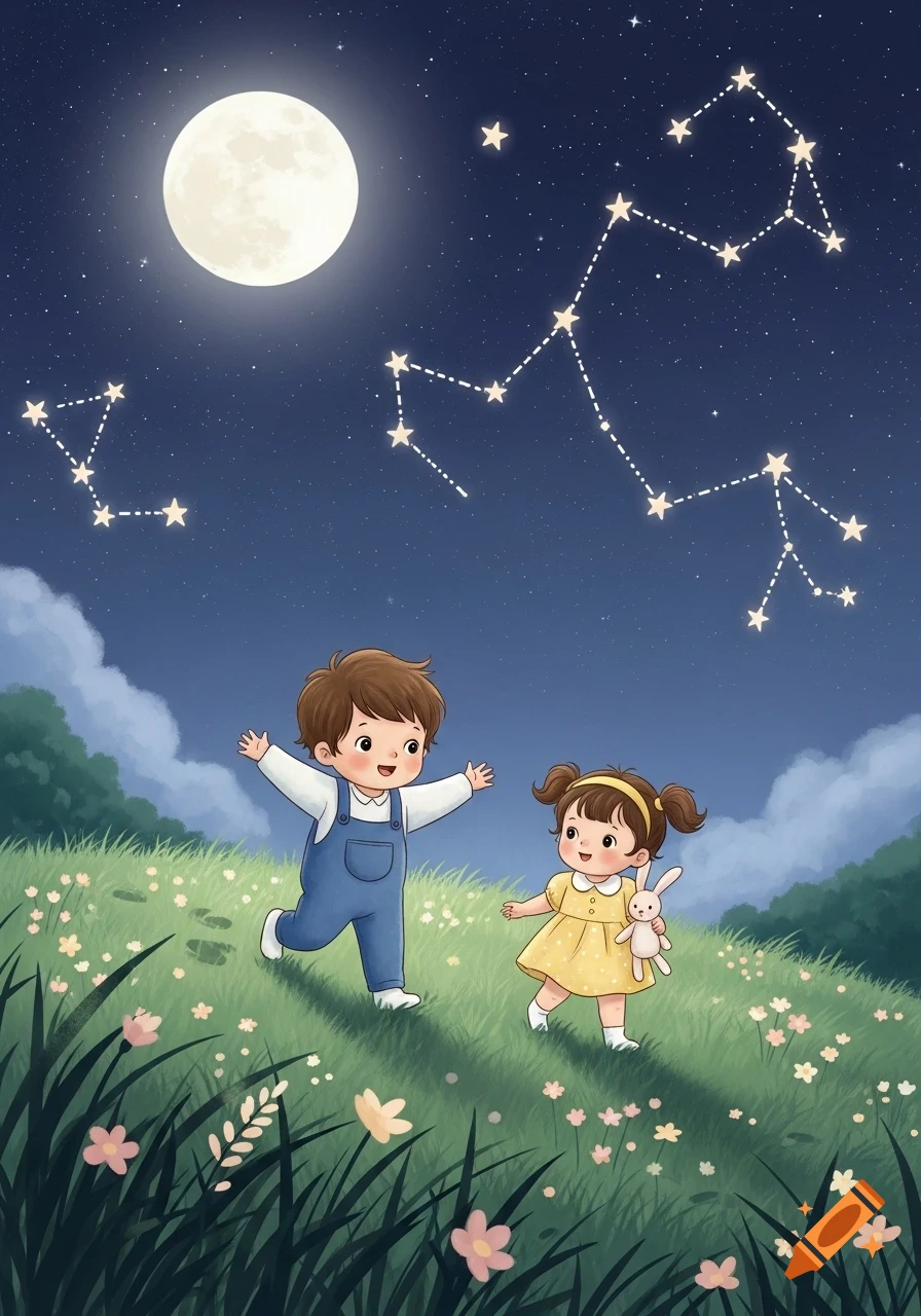 A cartoon boy and girl on a grassy hill at night gaze at the large full moon and bright star constellations in the sky.