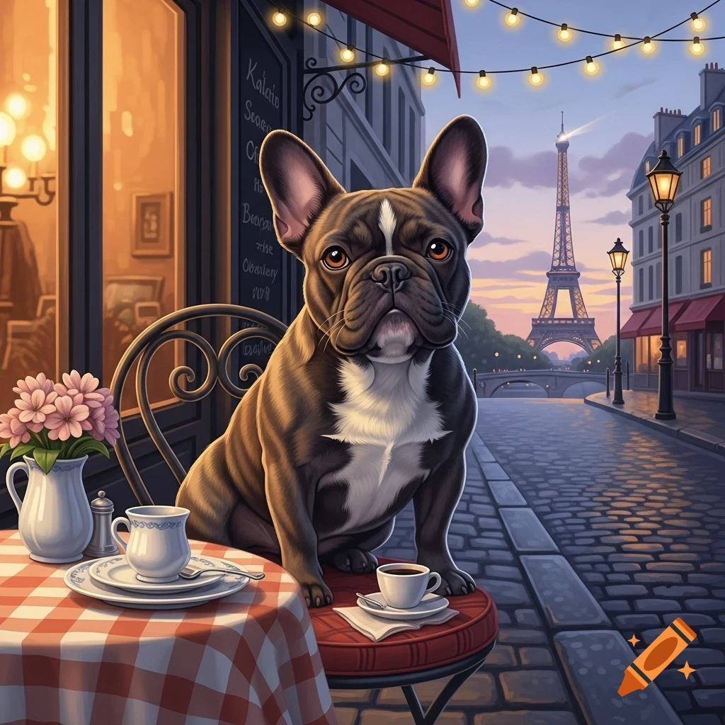 A cute French bulldog sits at a checkered cafe table on a Parisian street with the Eiffel Tower in the background at sunset, digital art.