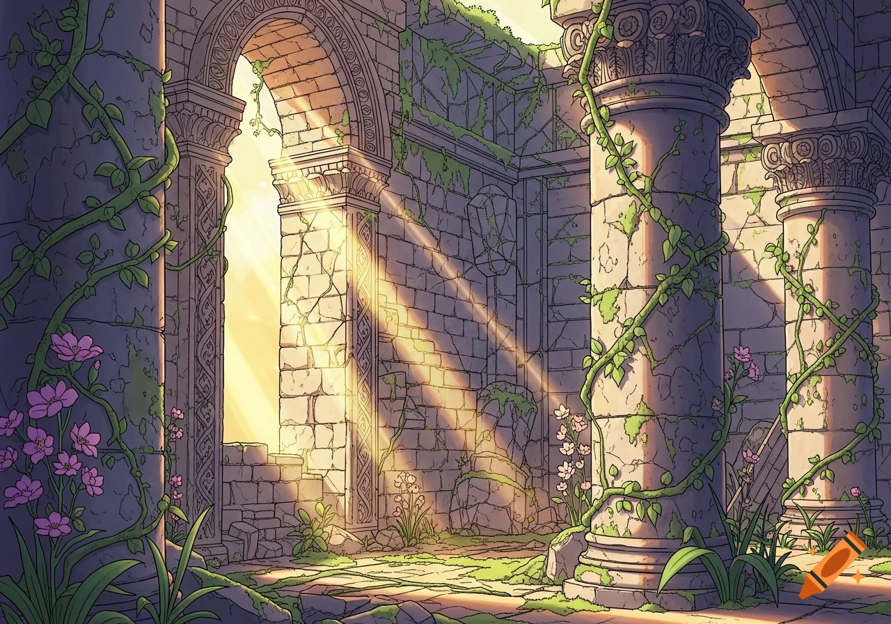 Anime art style illustration of sunlit ancient stone ruins covered in vines and small pink flowers.