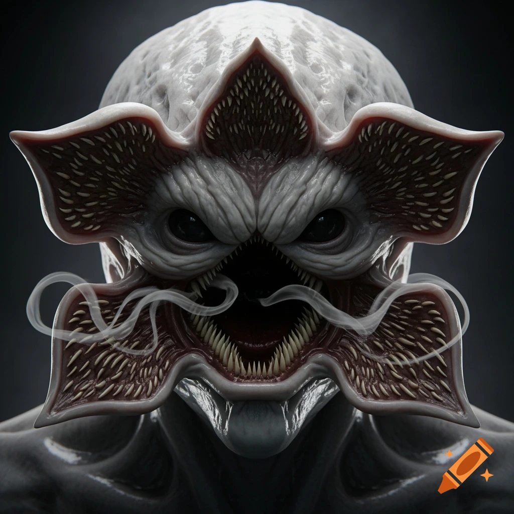 A detailed close-up of a scary monster with a wide, petal-like mouth filled with sharp teeth and smoke emanating from it.